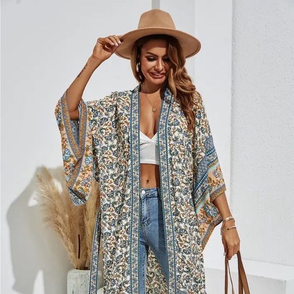WORLD MARKET Floral Kimono with Blue and Tan Accents - Picture 6 of 17
